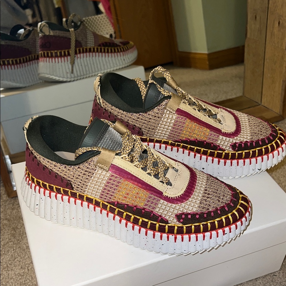 CHLOE NAMA MULTICOLOR COFFEE BROWN WOVEN PLATFORM SNEAKERS IN SIZE 38 EU - Picture 7 of 17